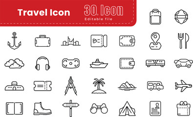 Travel Line Icons set. Editable Stroke. This Icon set consists of Sunset, Tourism, Swimming Pool, Surfing, Spa, Hotel,  Vacation, Airplane Ticket