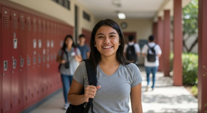 Smiling Teen Girl with Backpack in High School Hallway