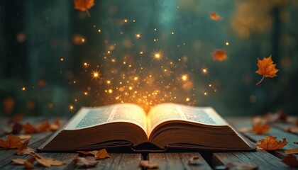 Open book with glowing sparks, autumn leaves on wood table. Story tale magic, fantasy, knowledge, wisdom, imagination, education concept. Mystical mood with blur bokeh light.