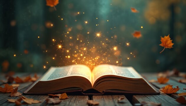 Open book with glowing sparks, autumn leaves on wood table. Story tale magic, fantasy, knowledge, wisdom, imagination, education concept. Mystical mood with blur bokeh light.