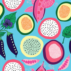 peas, pitaya, colorful exotic tropical fruits seamless pattern. exotic vegetables garden theme hand drawn seamless pattern. It is good for textile, fabric, decoration and more.