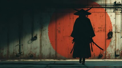 AI-generated illustration of a samurai standing before a large red sun painted on a weathered wall - Powered by Adobe