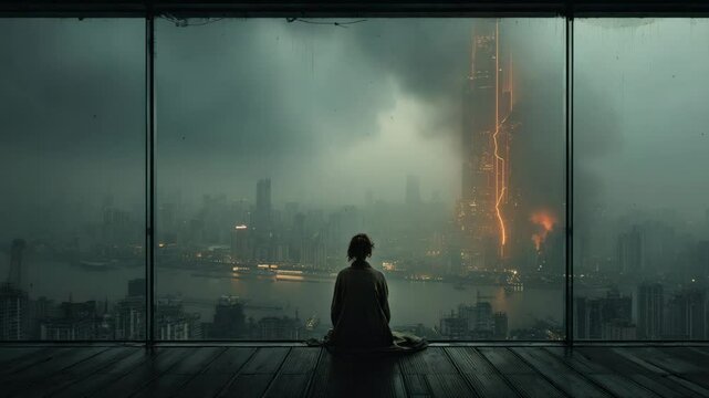 AI-generated woman watching a futuristic city burn through glass as lightning strikes a tower