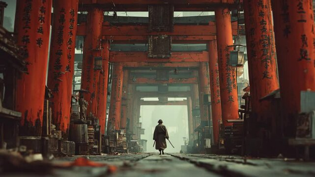 AI-generated illustration of a samurai walking through red torii gates in a sacred Japanese shrine