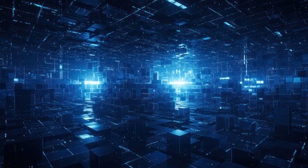 Abstract blue light streaks and geometric patterns create a futuristic digital background.