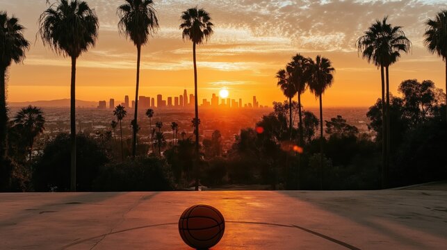 A basketball on the streets of Los Angeles against the backdrop of sunset, palm trees, and a city skyline. The basketball lies on the concrete floor.