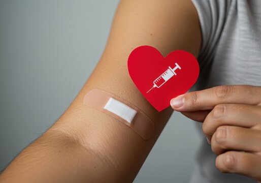 Close up of a person s arm with a bandage and a red heart cutout featuring a syringe symbol symbolizing vaccination and health