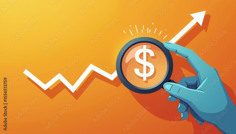 Poster hand holding magnifying glass focuses dollar symbol with rising white line graph on orange backgroun