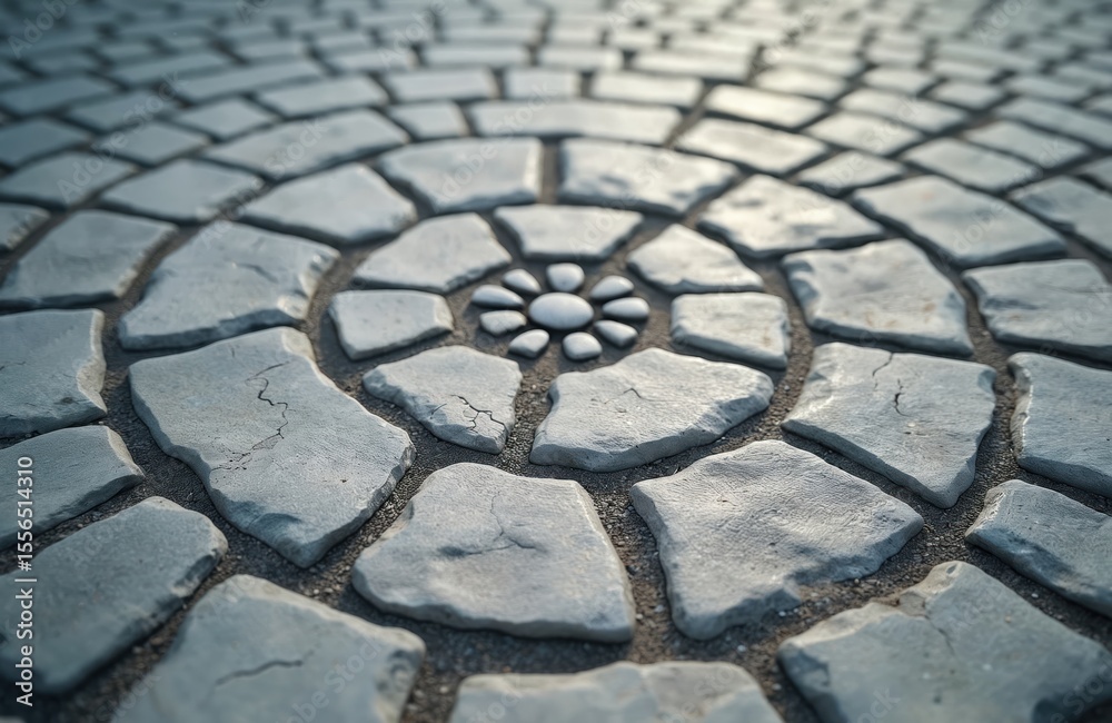 Poster circular stone paving design. grey paving stones form circle. stone wall texture. abstract backgroun