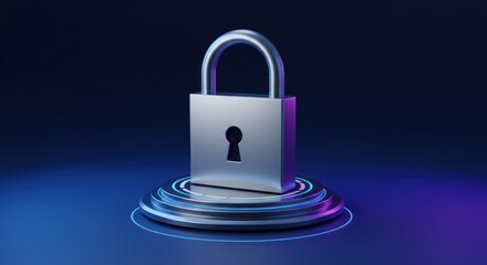 Metal padlock on a reflective surface with blue and purple lighting.
