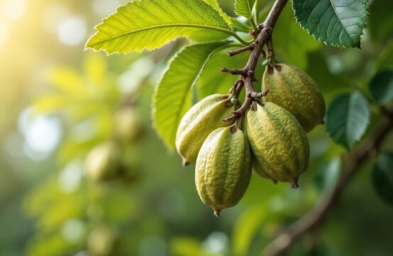 Close-up illustration of unripe green walnuts hanging from branch. Walnuts on tree with green leaves in the background. Fresh fruit, agriculture, eco food concept. Harvest season.