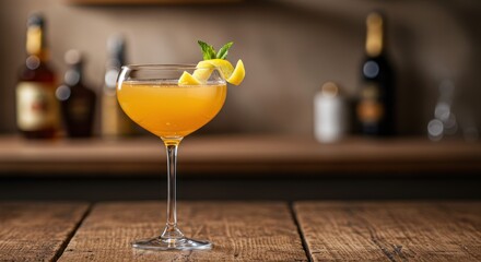 Orange cocktail in coupe glass with garnish on wooden table blurred background.