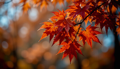 Close-up of vivid red autumn maple leaves glowing under soft light, with a blurred natural background in warm tones.