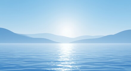 Serene blue landscape with mountains reflecting in calm water under a bright sky.