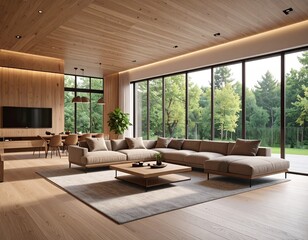 Fototapeta premium Futuristic Smart Living Room with Floor-to-Ceiling Windows