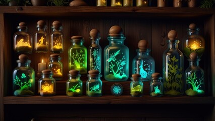 Glowing Apothecary Shelf with Magical Bottles and Floating Lights
