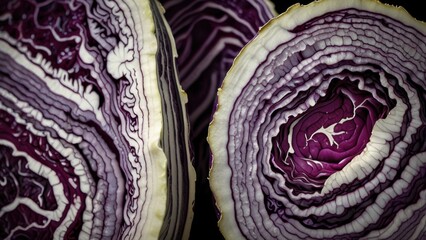 Obraz premium Deep Purple Cabbage Cross Section Highlighting Layered Vein Patterns 