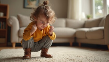 Angry toddler girl squats indoors. Child feeling frustration anger, clenching fists, showing discontent. Preschooler expressing negative emotion. Childhood tantrum, bad mood concept.