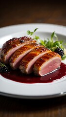 Sliced Duck Breast with Red Wine Sauce and Blackberries
