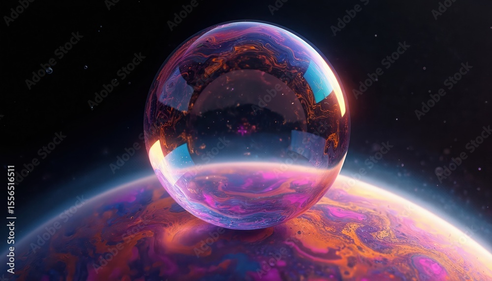 Poster Abstract image of psychedelic planet in virtual reality, with soap bubble-like alien planet on black background. Cosmic art features vibrant colors, creating hallucinogenic atmosphere. Space