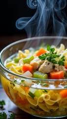 Steaming Bowl of Chicken Noodle Soup with Vegetables