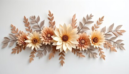 Illustration with beige dried dahlia flowers with leaves on white background. Trendy floral design for wedding decor, invitation cards, autumn holiday greeting posters. Pastel colors, boho style.