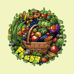 Set of vector doodle cartoon drawings. Composition of objects and symbols on the theme fruits and vegetables. Isolated illustrations.