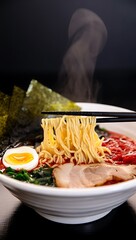 Steaming Bowl of Ramen Noodles Pork Egg Seaweed image