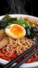 Steaming Bowl of Ramen Noodles Soft Boiled Egg Nori Seaweed