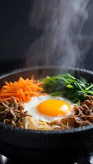 Steaming Hot Bibimbap Korean Dish with Fried Egg Carrots Spinach Beef