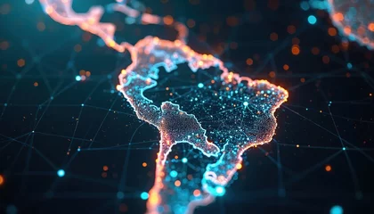 Fototapete Brasilien Digital map South America global network connection. Blue, orange glowing lights, connected dots, lines illustrate cyberspace, communication, business, tech. Illustration tech, connectivity, digital  © Pete