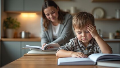 Fototapeta premium Young boy studies at home, feeling stressed, concerned about school. Mother or older sister helps with homework in kitchen, providing support. Concept of learning, family, education.