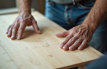 Mature carpenter inspects plywood frame. Male hands on wooden surface, checking accuracy. Joiner at work, craftsman examines wood. Professional making furniture. Quality control process.