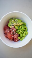Tuna Avocado Edamame Bowl Sesame Seeds White Bowl image