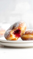 Two Powdered Sugar Donuts with Red Jelly Filling One Bitten