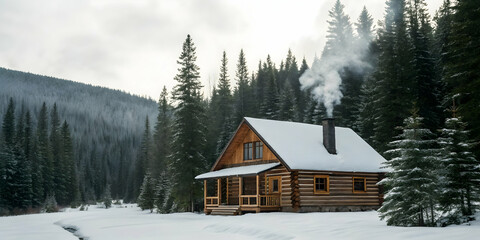 Cozy log cabin with smoke rising in snow covered forest clearing