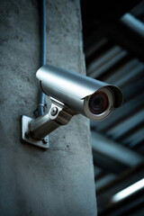 Security camera mounted on concrete wall in industrial setting for surveillance purposes