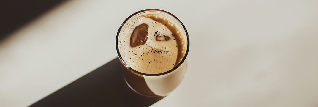 Iced coffee: A refreshing drink. Perfect pick-me-up on a sunny day, offering a cool and caffeinated experience. Enjoy the foamy bliss!