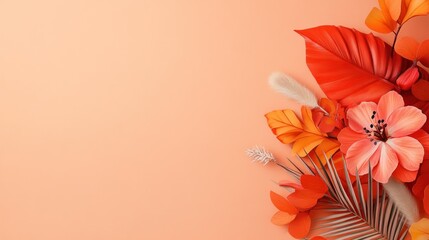 Coral paper flowers and leaves arrangement