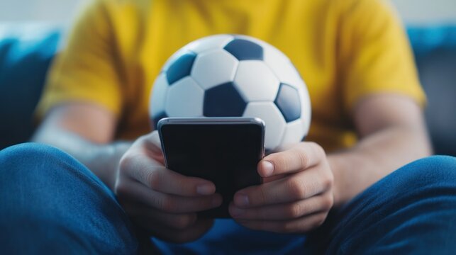 Person holding smartphone and soccer ball