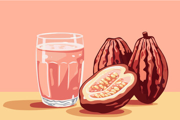 Vector illustration of cacao water in a glass and half of cacao fruit with palm leaves on a peach backdrop