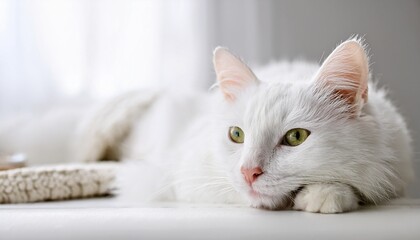 charming white cat relaxing in white room