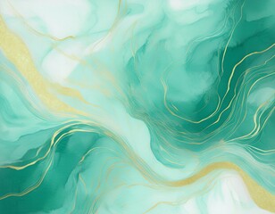 abstract watercolor paint background illustration soft pastel green aquamarine color and golden lines marbled generative ai