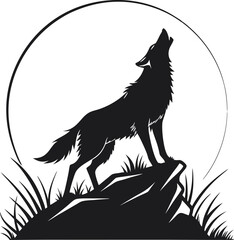 wolf howling silhouette A black silhouette of a wolf howling on a rock  Set of wolf silhouettes. Wolf silhouette isolated.