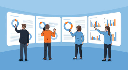 Team Analyzing Data on Interactive Displays Business Intelligence and Visual Analytics