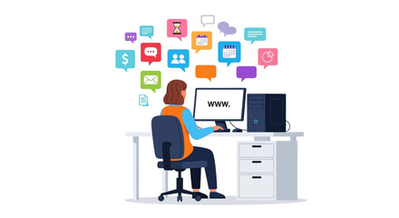 Woman Working on Computer, Managing Social Media and Notifications