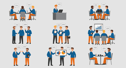 Diverse Business Team Collaboration Meeting, Discussion, and Presentation Illustrations