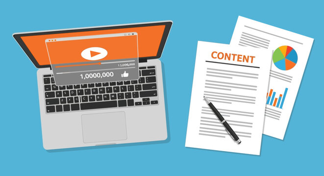Laptop Showing Video Content Analytics and Documents Boosting Online Engagement