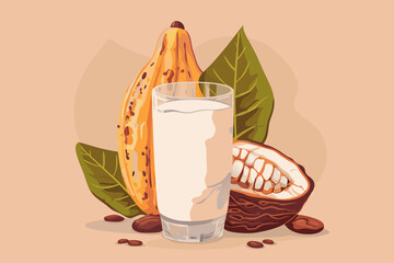 Vector illustration of cacao water in a glass and half of cacao fruit with palm leaves on a peach backdrop