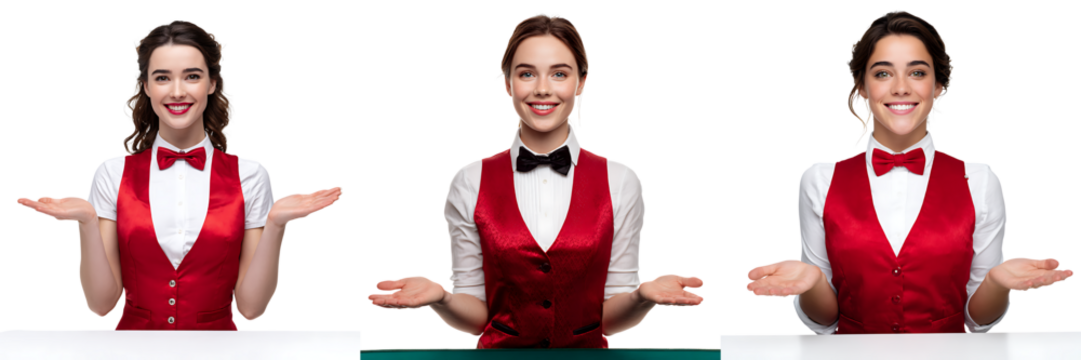 Waitress in Red Vest Giving Welcoming Gesture on Transparent Background

